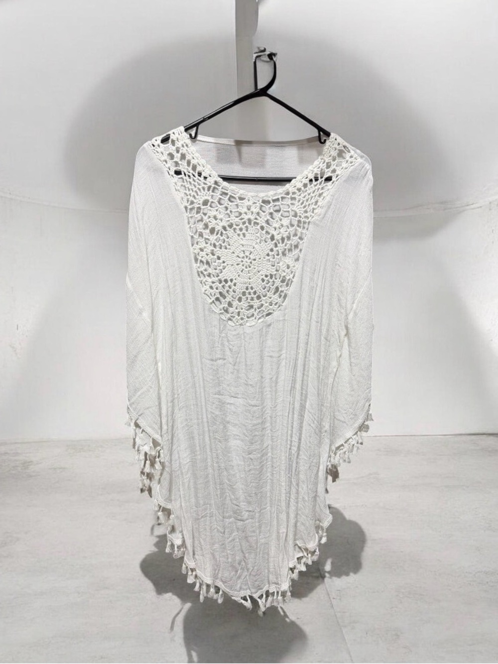 Boho Crochet V-Neck White Poncho Cover-Up NIP